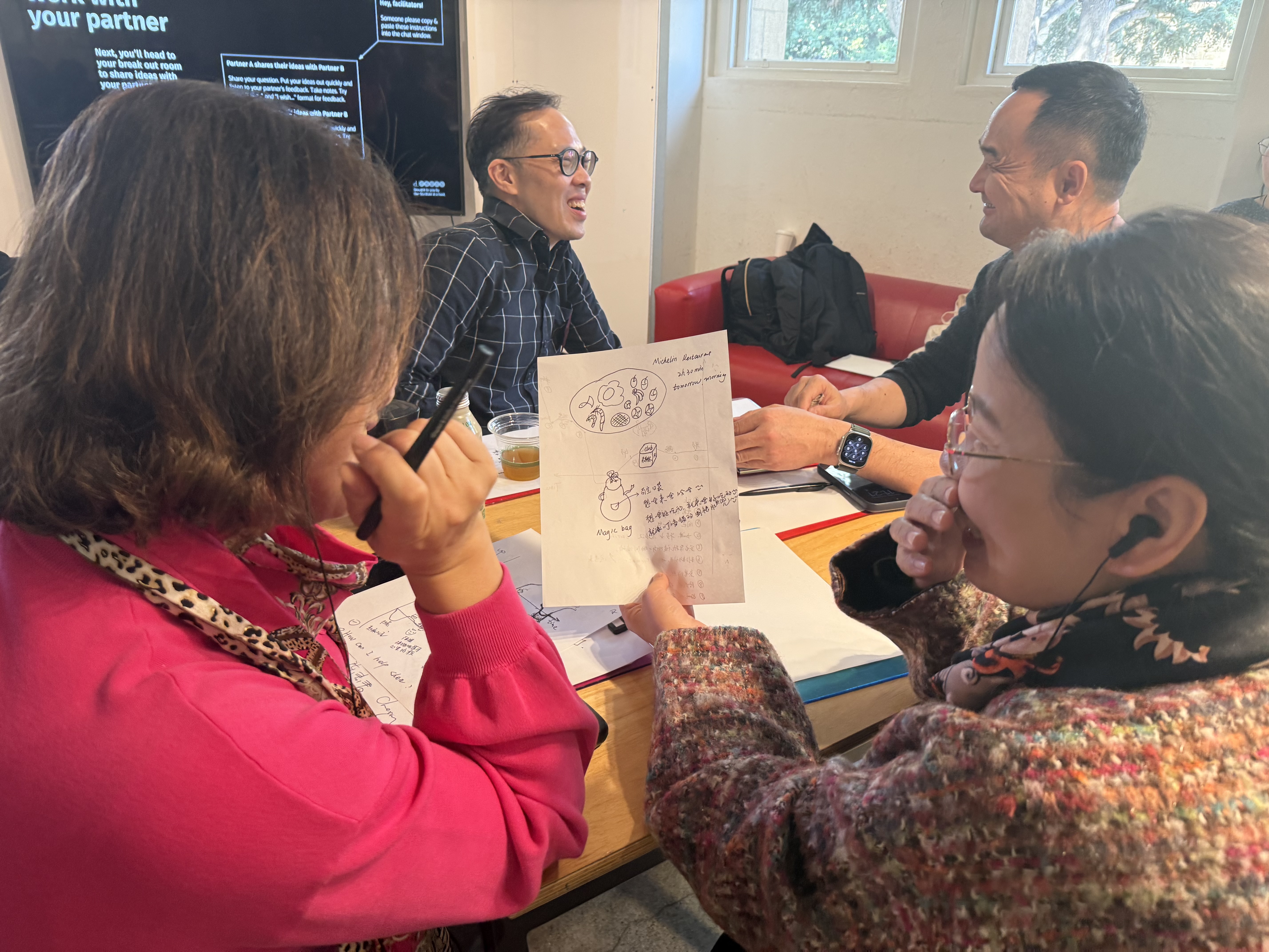 Participant sharing a hand-sketched concept with their group during Design Project Zero