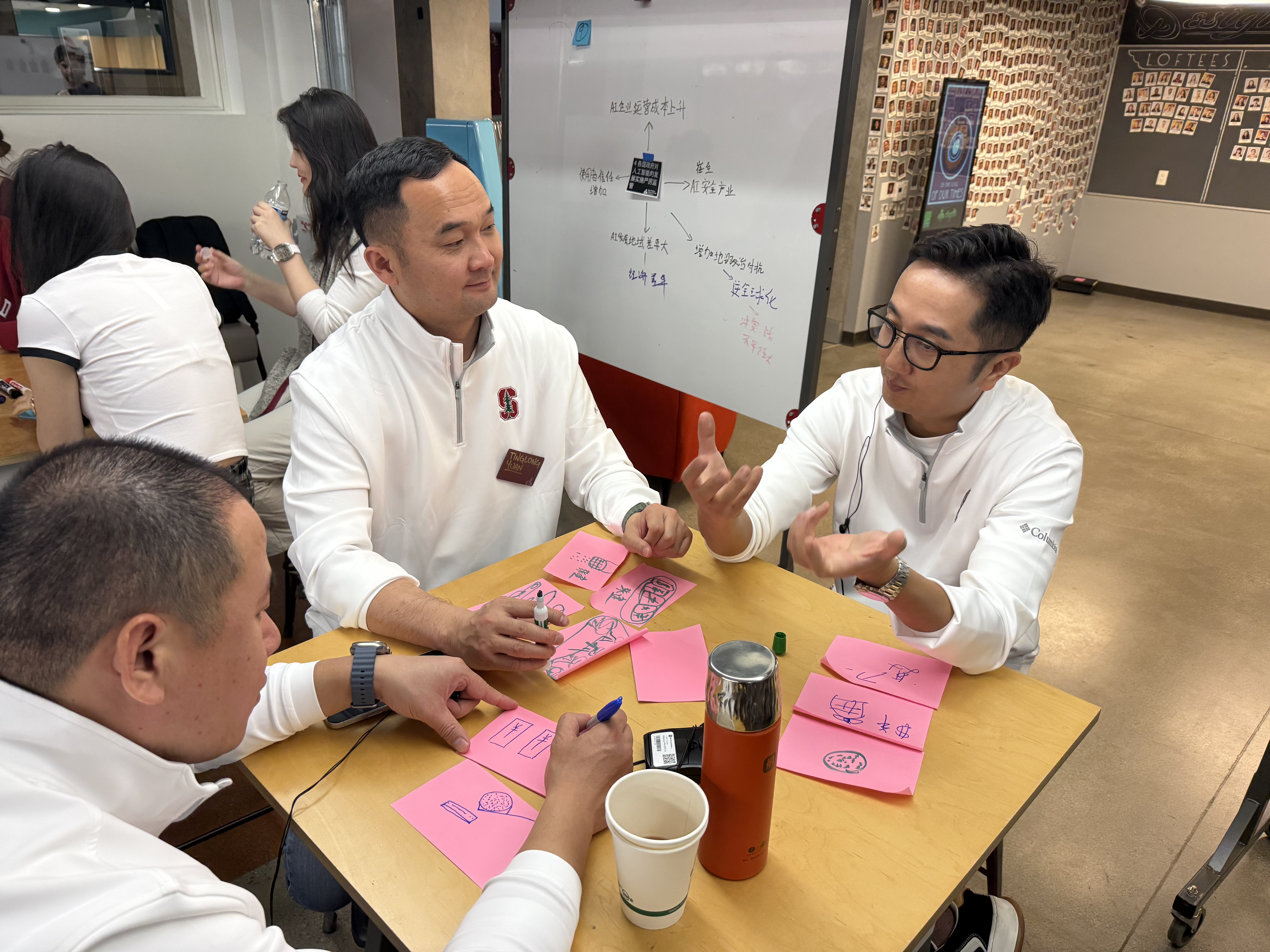 Small group working on the Futures Wheel with post-it notes and a whiteboard diagram in Chinese